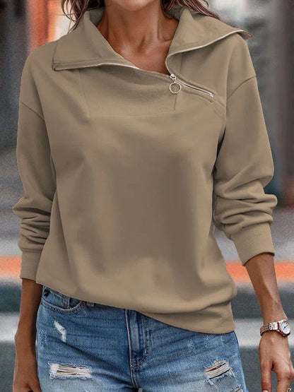 Cozy Solid Zipper High Neck Casual Loose Sweater