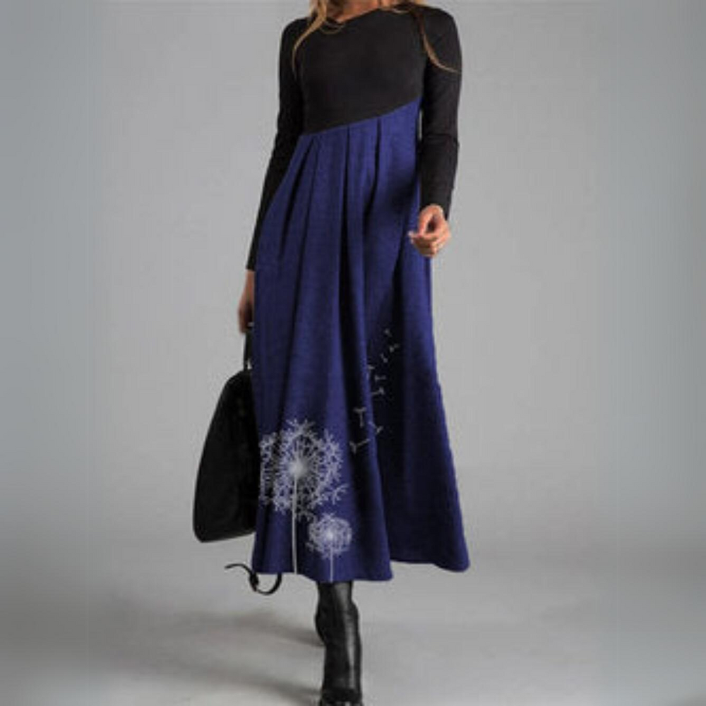 V-Neck Long-Sleeved Print Stitching Woolen Dress