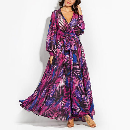 Lantern Sleeve V-neck Green Leaf Print Maxi Dress