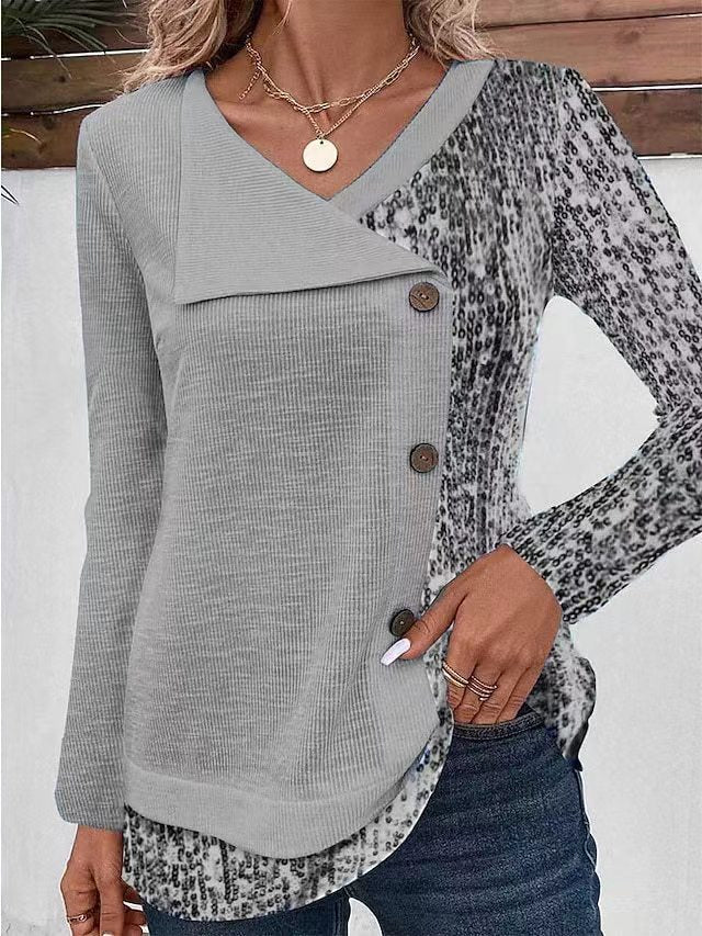 Threaded Pit Stripe Printed V-neck Button Top