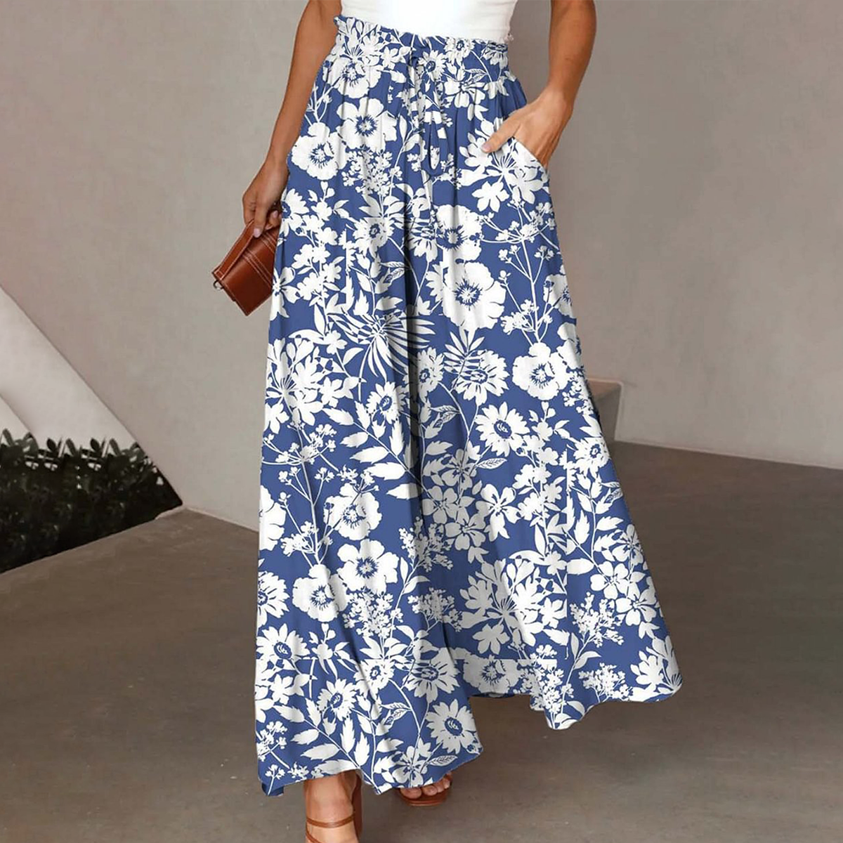 Fresh Floral Print Elastic Waist Pants