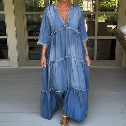 Blue Denim Plain 3/4 Sleeve Maxi Dress