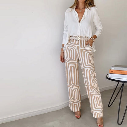 Casual Long-sleeved Lapel Shirt Printed Wide-leg Pants Suit