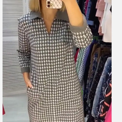 Vintage Print Slim Fit V-neck Long-sleeve Dress