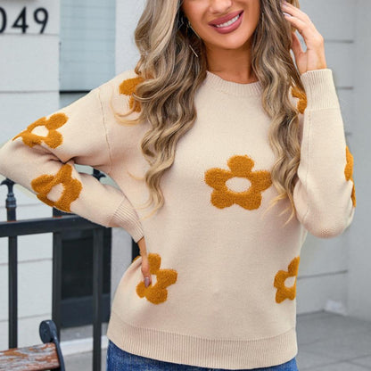 Fresh Round Neck Long Sleeve Floral Print Sweater