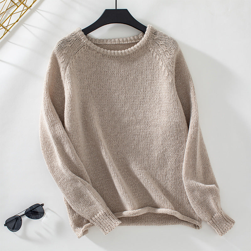 Solid Color Curling Hem Pullover Sweater