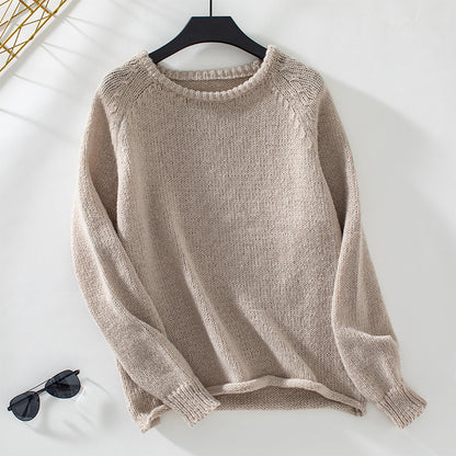 Solid Color Curling Hem Pullover Sweater