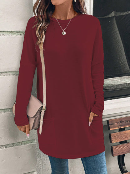 Solid Color Long Sleeve Loose Round Neck Pocket T-Shirt