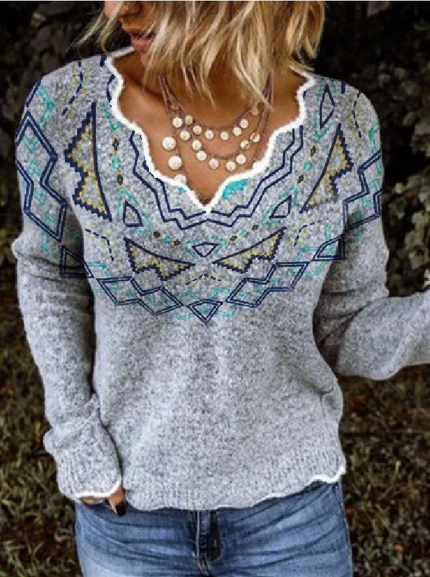 Geometric Print Long Sleeve Sweater Top