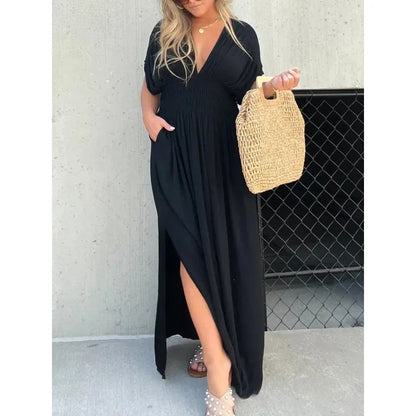 Unique Bat-Sleeved V-Neck Slit Dress