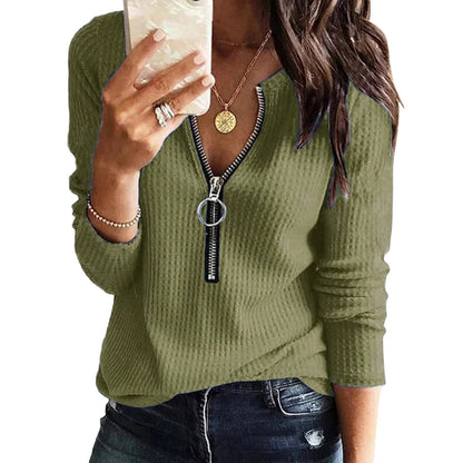 Plain V-Neck Zipper Long Sleeve Top