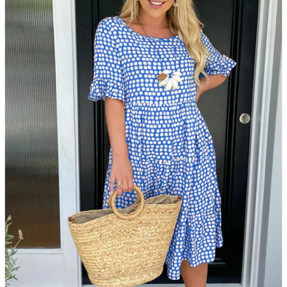 Polka Dot Short Sleeve Round Neck Midi Dress