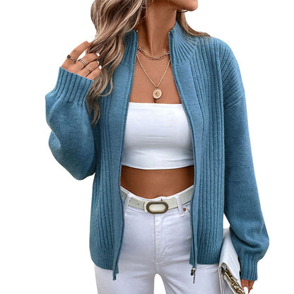 Blue Stand Collar Solid Color Cardigan