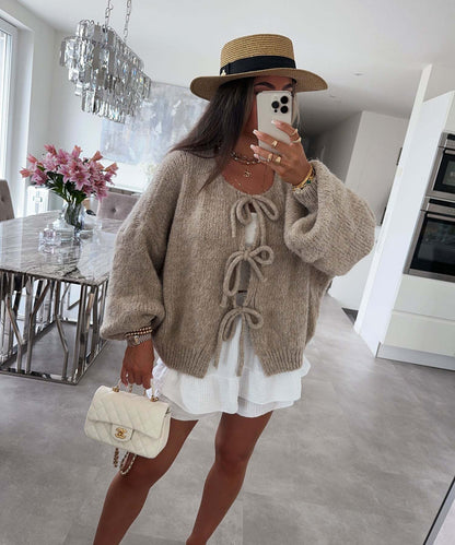 Casual Knitted Bow Lace-Up Cardigan