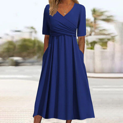 Unique Plain V-Neck Midi Dress