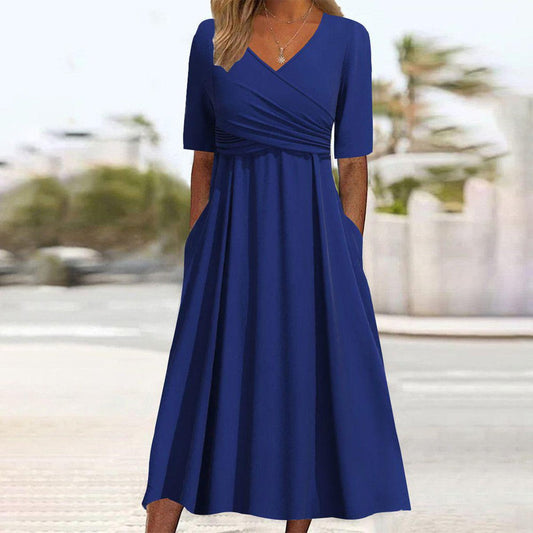 Blue Plain V-Neck Midi Dress