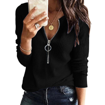 Plain V-Neck Zipper Long Sleeve Top