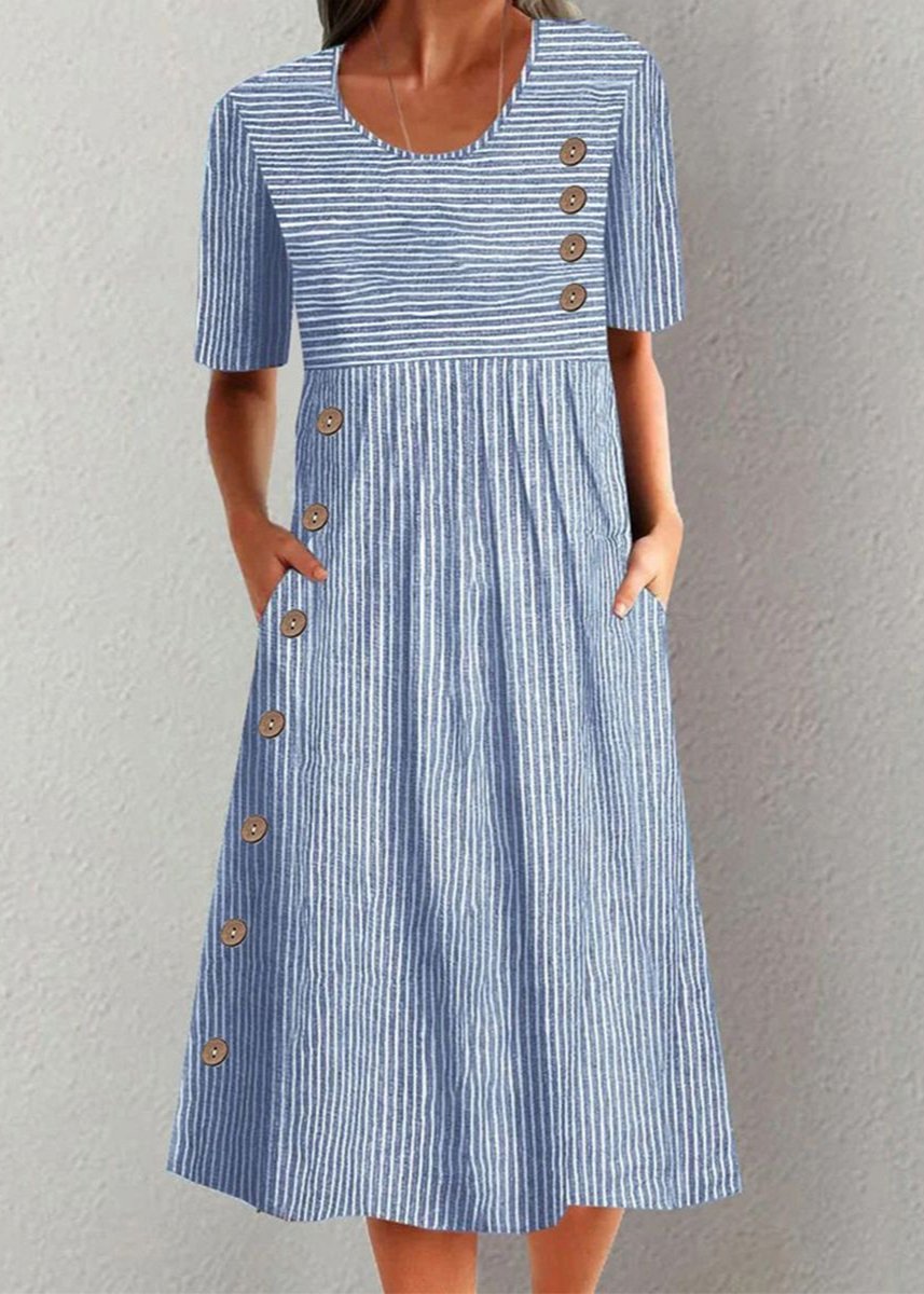 Blue Striped Short Sleeve Midi Dress