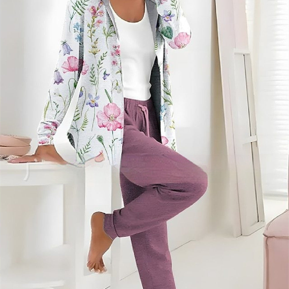 Printed Cardigan Coat and Solid Color Two-Piece Set