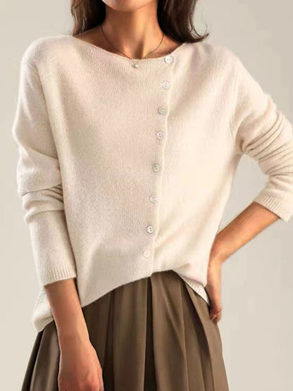 Single-Breasted Knit Cardigan with Low Round Neckline