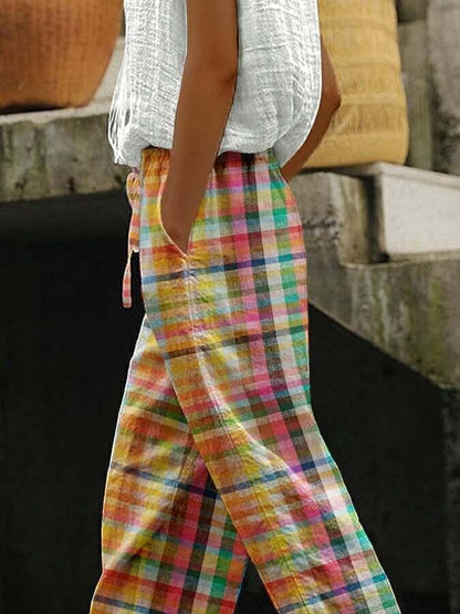 Casual Plaid Drawstring Waistline Pants