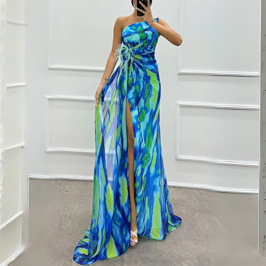 Amazing Views Watercolor Print Feather Rose Detail Off Shoulder Pleated Slit Maxi Dress