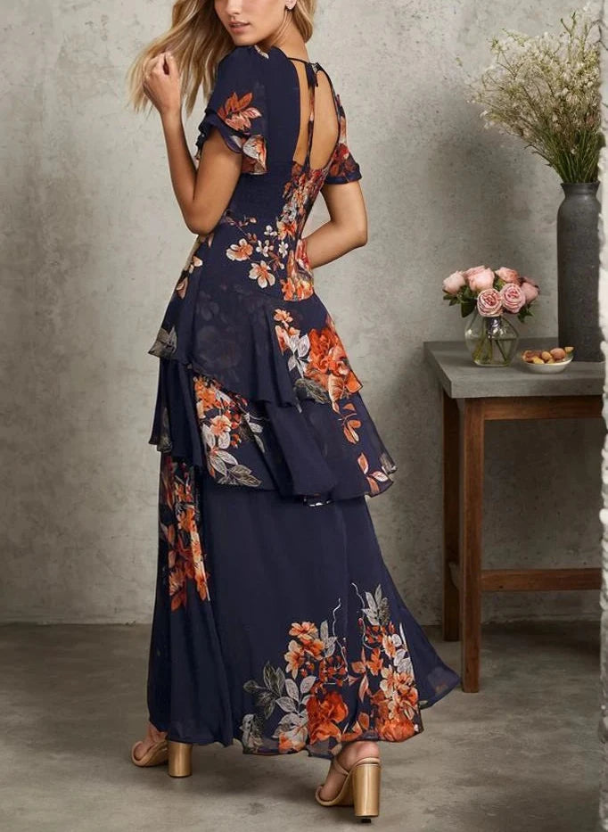 Blue Lace-up V-neck Printing Maxi Dress