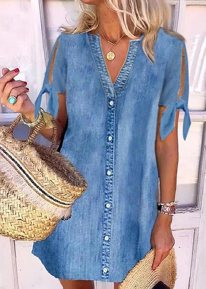 Chambray V-Neck Button Front Split Sleeve Mini Dress