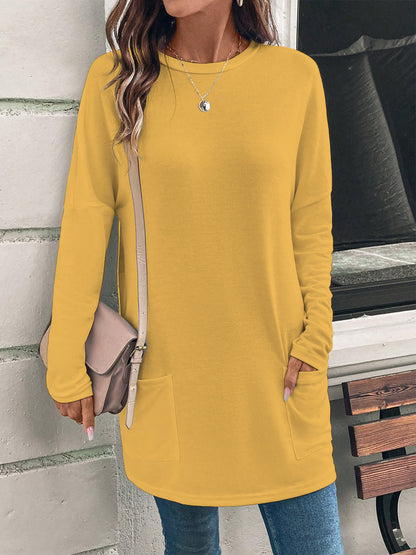 Solid Color Long Sleeve Loose Round Neck Pocket T-Shirt