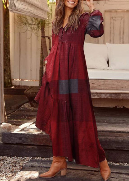 Vintage V-Neck Long Sleeve Maxi Dress