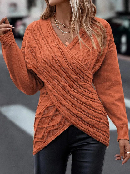 Casual Solid Color V-Neck Cross Brocade Sweater