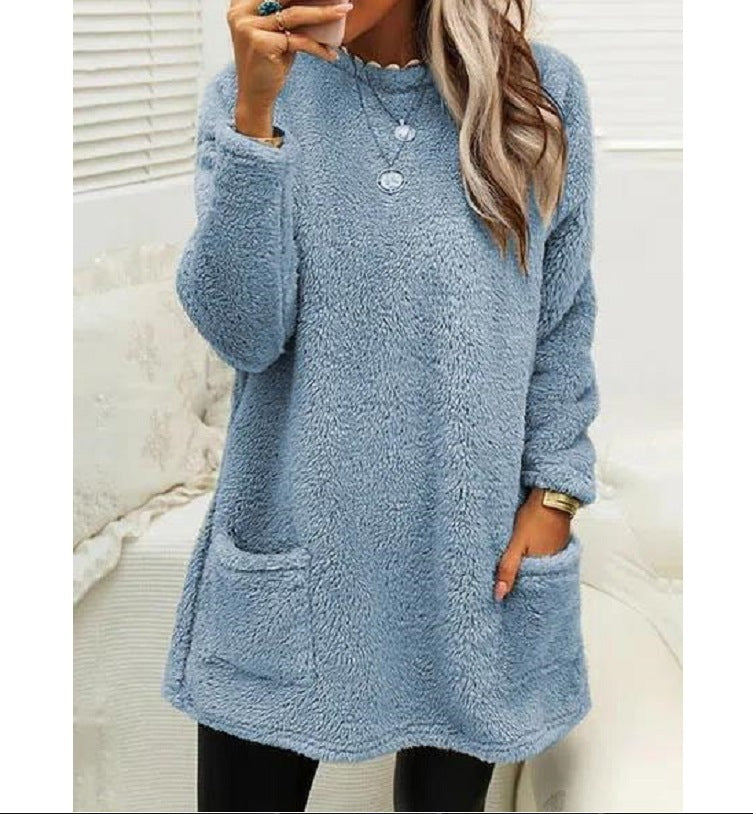 Pockets Fleece Pullover Long Sweater