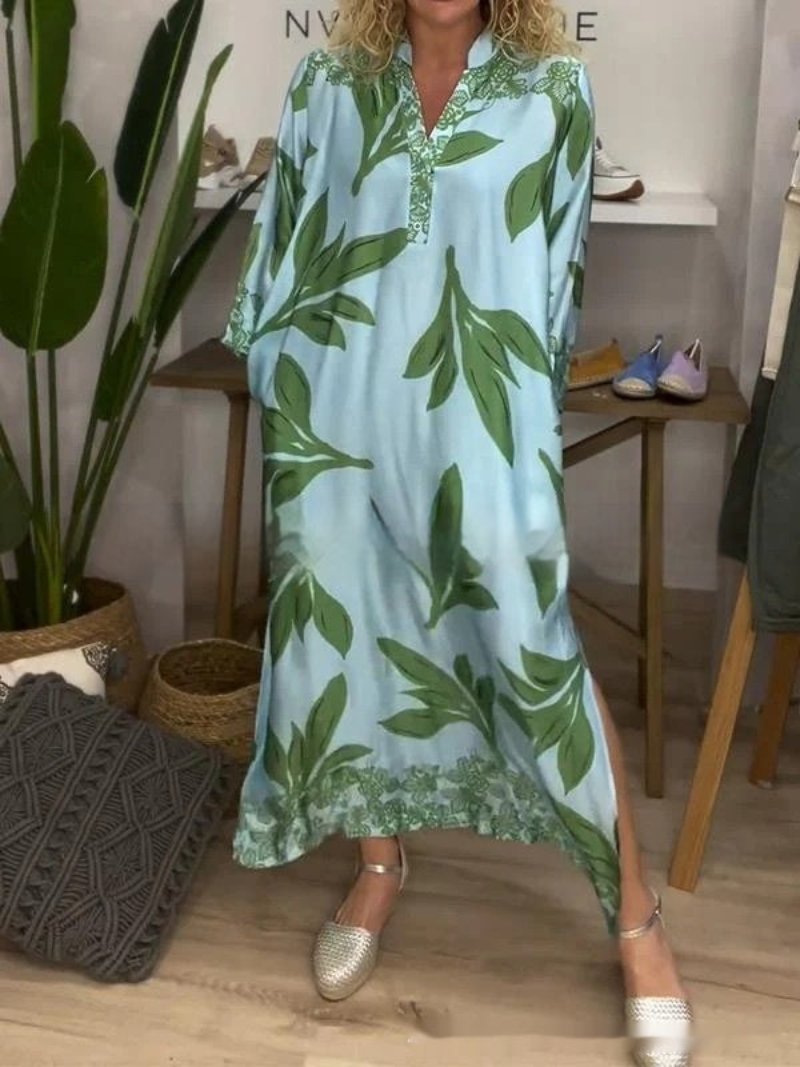 Sexy V-neck Plant Print Long Sleeve Dress