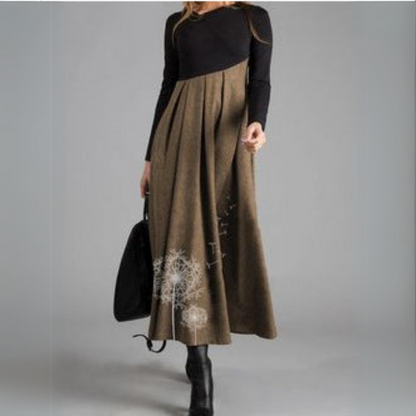 V-Neck Long-Sleeved Print Stitching Woolen Dress