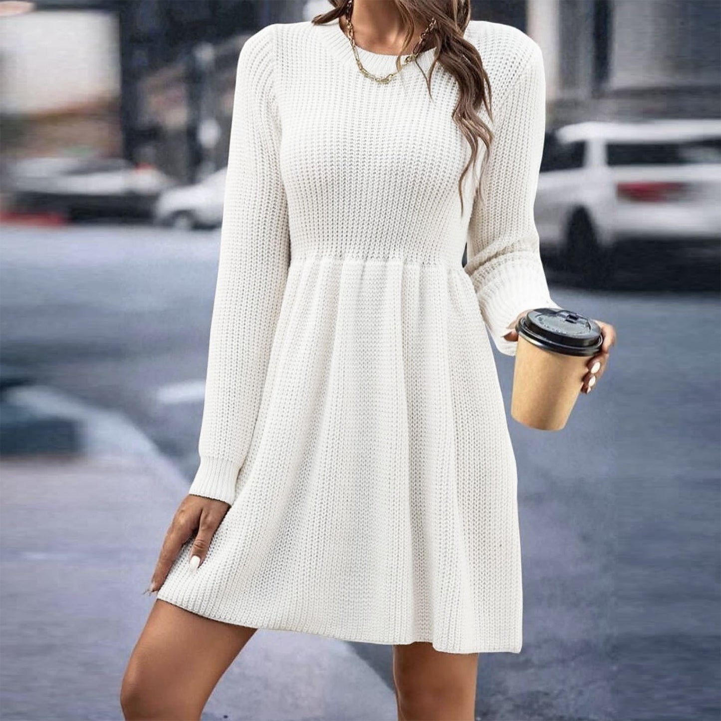 Retro Plain Round Neck Sweater Mini Dress