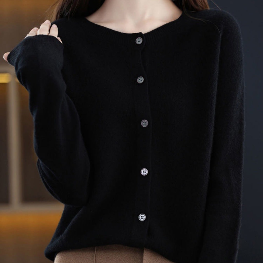 Elegant Wool Round Neck Long Sleeve Cashmere Cardigan