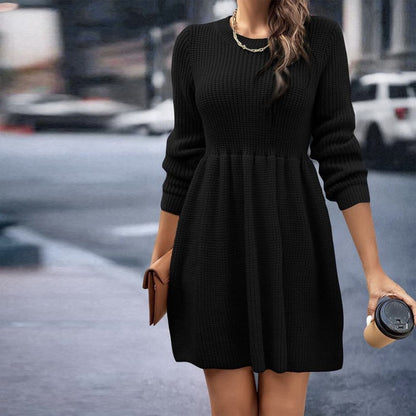 Retro Plain Round Neck Sweater Mini Dress