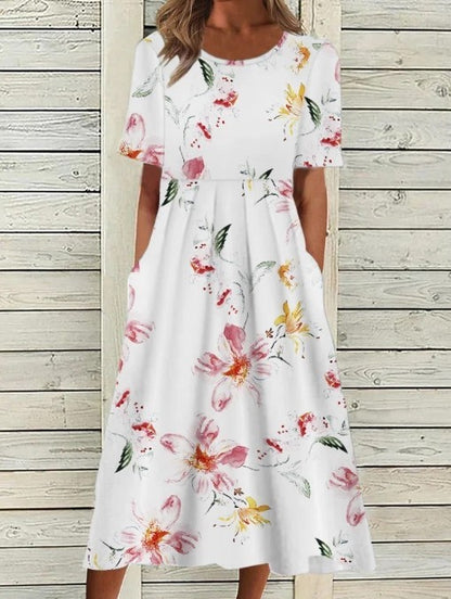 Casual Round Neck Printed Pocket Dress