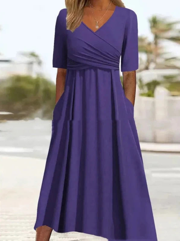 Unique Plain V-Neck Midi Dress