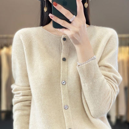 Elegant Wool Round Neck Long Sleeve Cashmere Cardigan