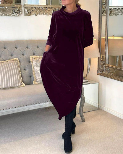 Solid Color Stand Collar Pocket Long Sleeve Dress