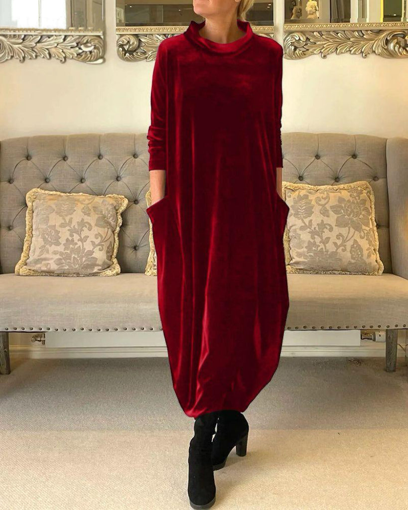 Solid Color Stand Collar Pocket Long Sleeve Dress