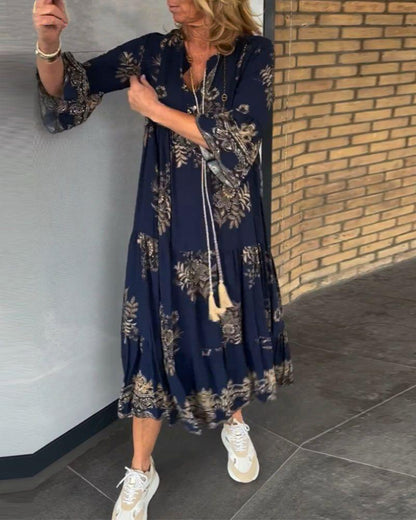 Bohemian Printed V-neck Button Long Sleeve Dress