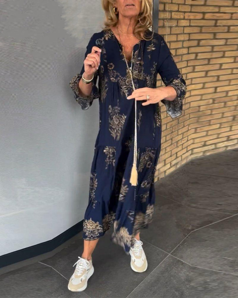 Bohemian Printed V-neck Button Long Sleeve Dress