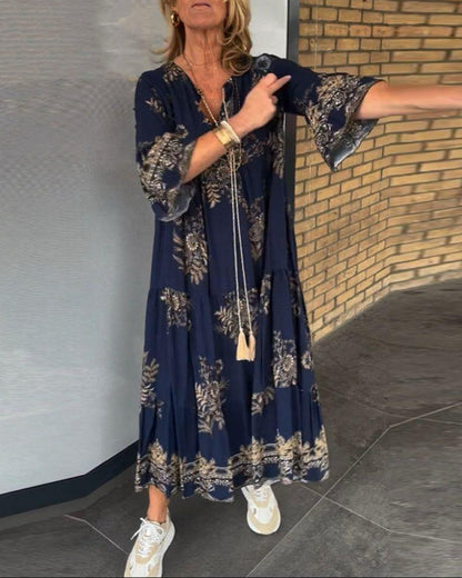 Bohemian Printed V-neck Button Long Sleeve Dress