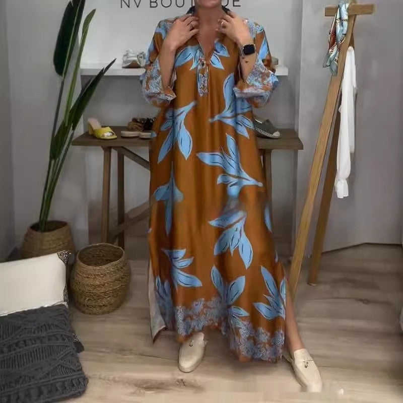 Sexy V-neck Plant Print Long Sleeve Dress