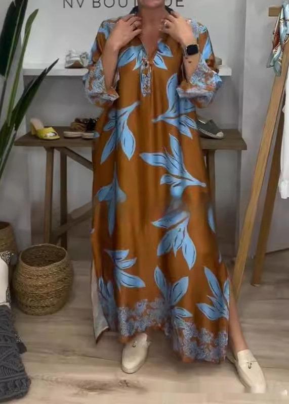 Sexy V-neck Plant Print Long Sleeve Dress