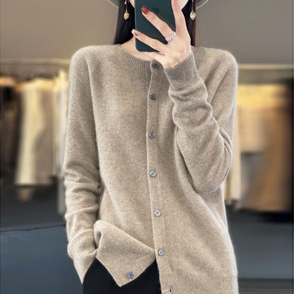 Elegant Wool Round Neck Long Sleeve Cashmere Cardigan