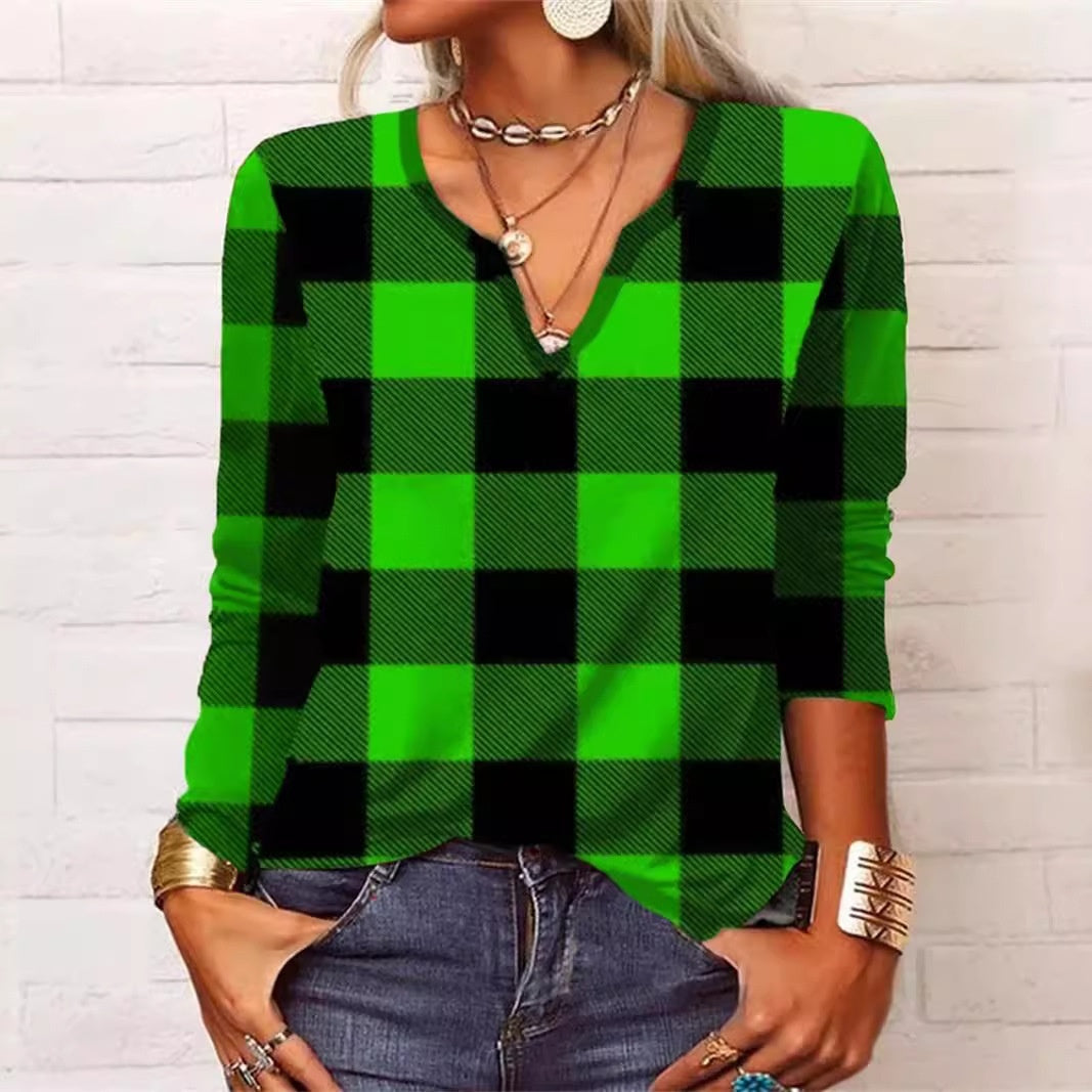 Plaid & Printed Top V-neck Loose Long Sleeve Shirt