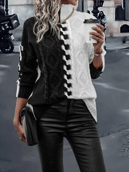 Trendy Color Contrast Black And White Splicing Knitwear Top